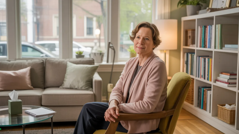 A female therapist sitting comfortably on a chair.