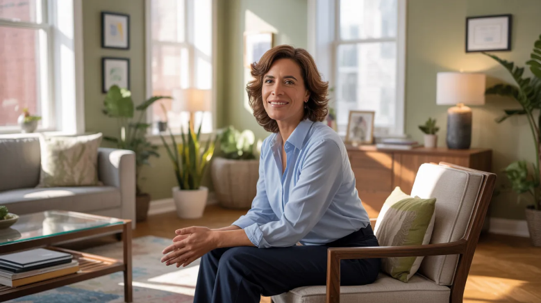 A female therapist sitting on a chair.